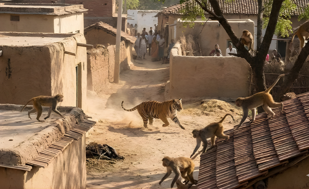 বাঁদরের তাণ্ডব থামাতে গ্রামের মানুষ আনলেন বাঘ, তবে আসল নয়—খেলনা বাঘ!